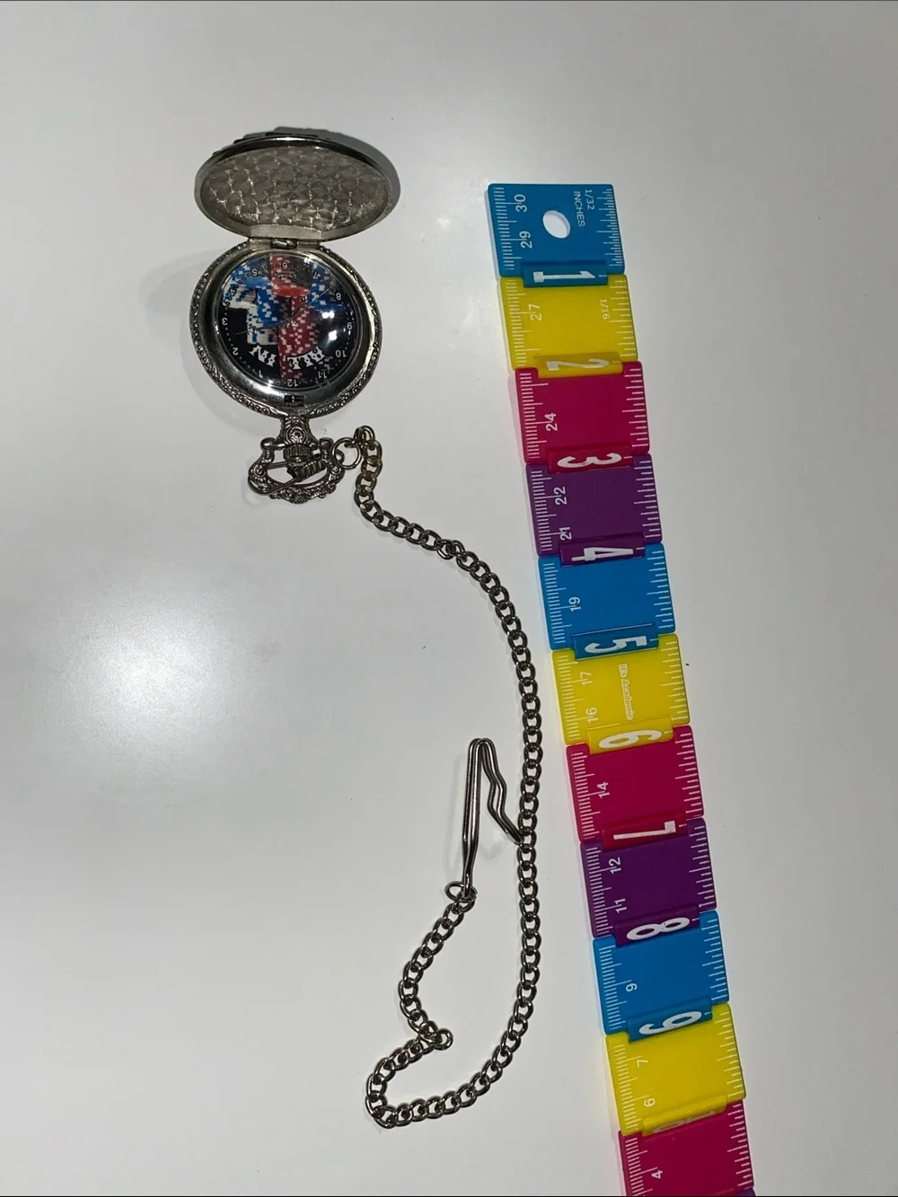 Vintage Royal Flush Silver Pocket Watch with Chain